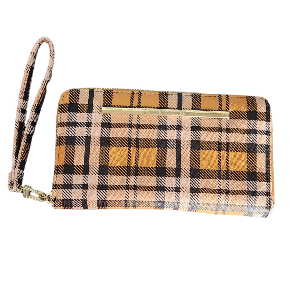 Steve Madden Womens Zip- Around Wallet in Yellow & Black Plaid